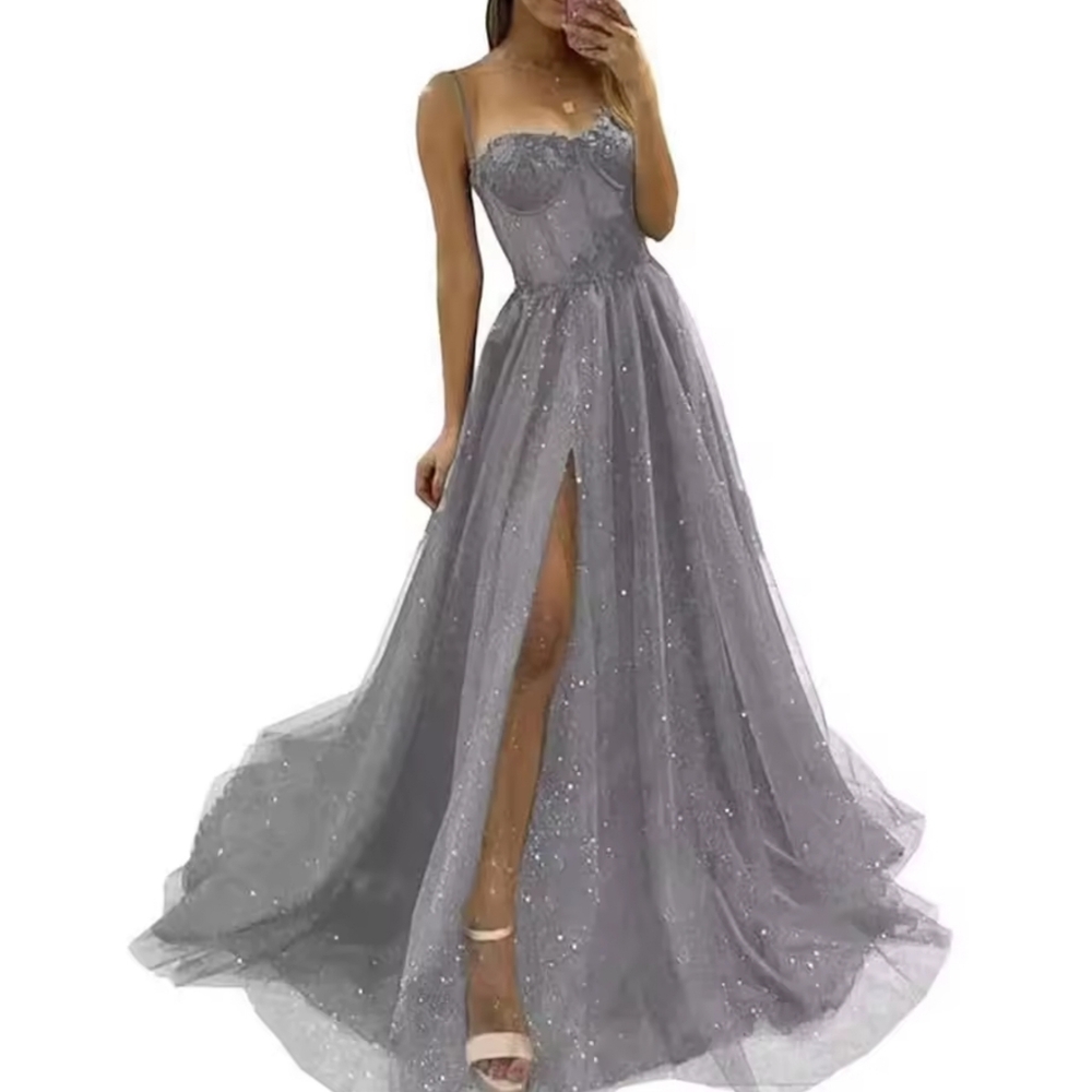 Lace Tulle Evening Dresses Spaghetti Straps Sexy High Slit Long Formal - Picture 3 of 8